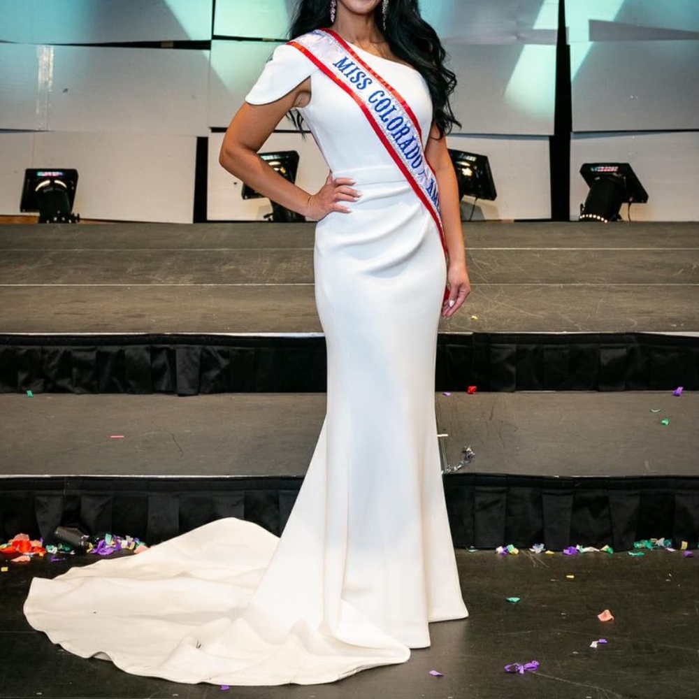 White Pageant Dress,  One-Sided Short Sleeve,  Elegant Train Detail